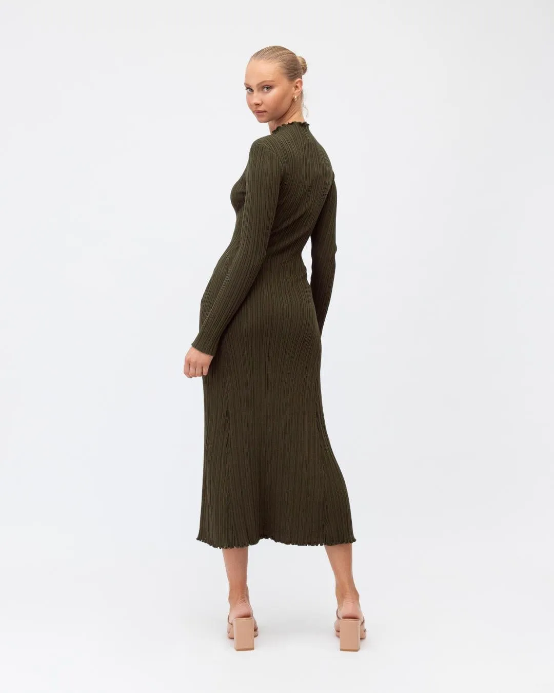 Stylish Olive High Neck Knit Dress