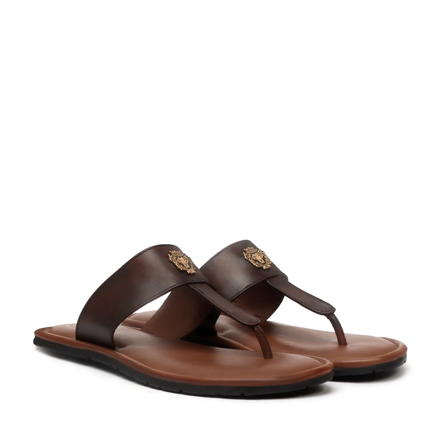 T-Strap Leather Slide-in Slippers with Tan-Brown Strap