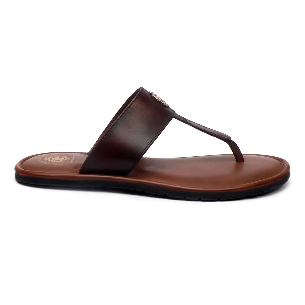 T-Strap Leather Slide-in Slippers with Tan-Brown Strap