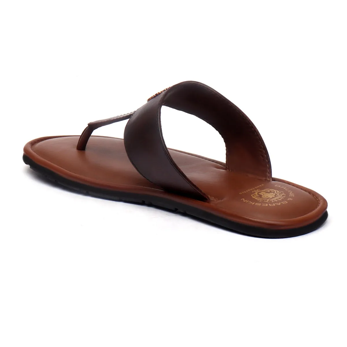 T-Strap Leather Slide-in Slippers with Tan-Brown Strap