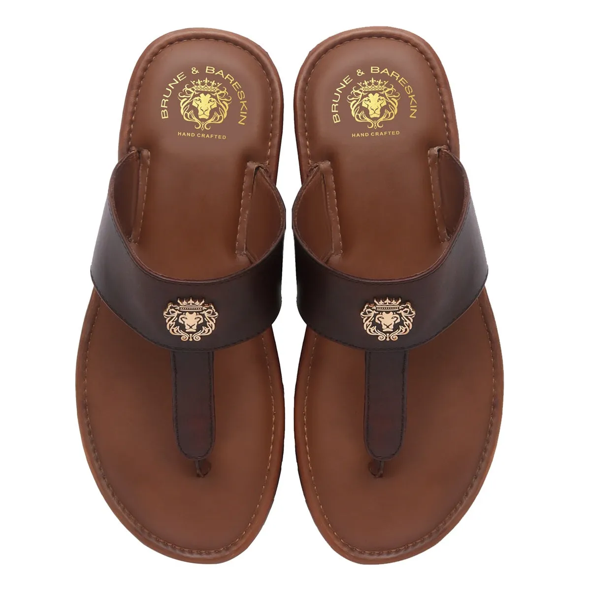 T-Strap Leather Slide-in Slippers with Tan-Brown Strap