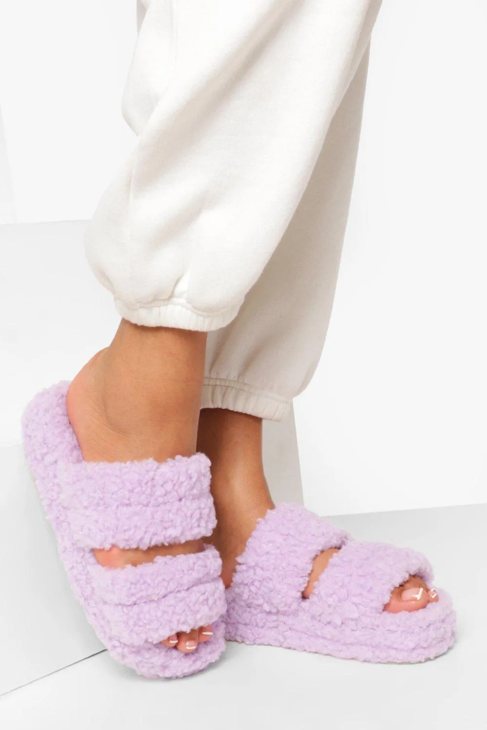 Teddy Faux Double Strap Chunky Slides