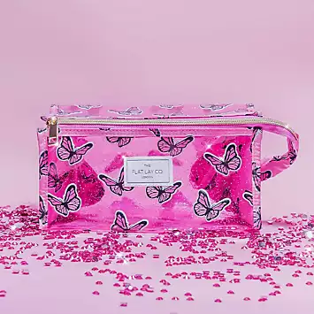 The Flat Lay Co. Pink Butterfly Jelly Open Flat Makeup Box Bag | Kaleidoscope