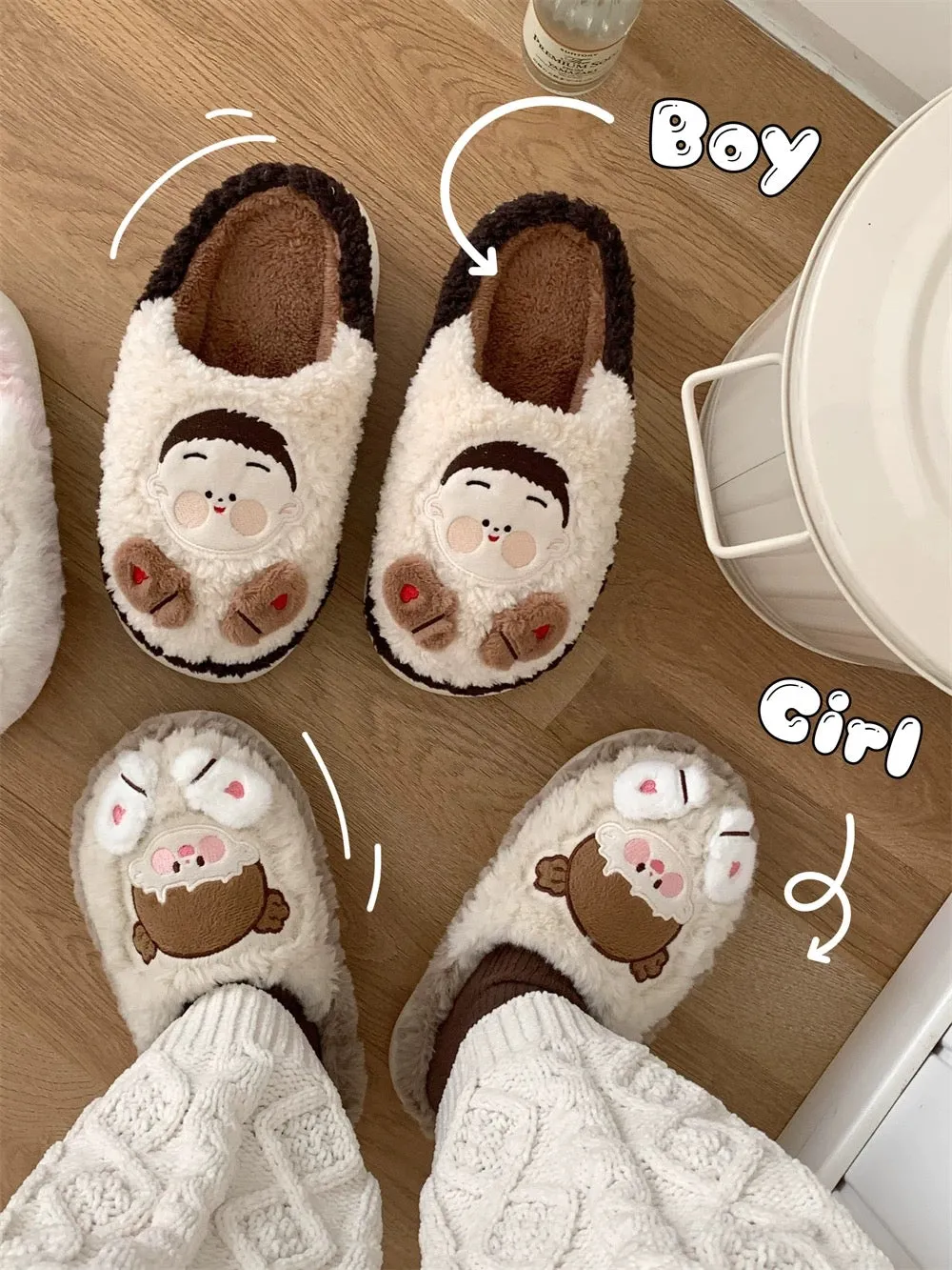 Thin strips couple cute cartoon cotton slippers men and women winter half-covered heel thick bottom warm plush confinement shoes