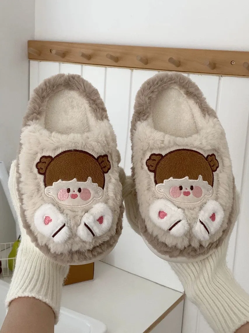 Thin strips couple cute cartoon cotton slippers men and women winter half-covered heel thick bottom warm plush confinement shoes