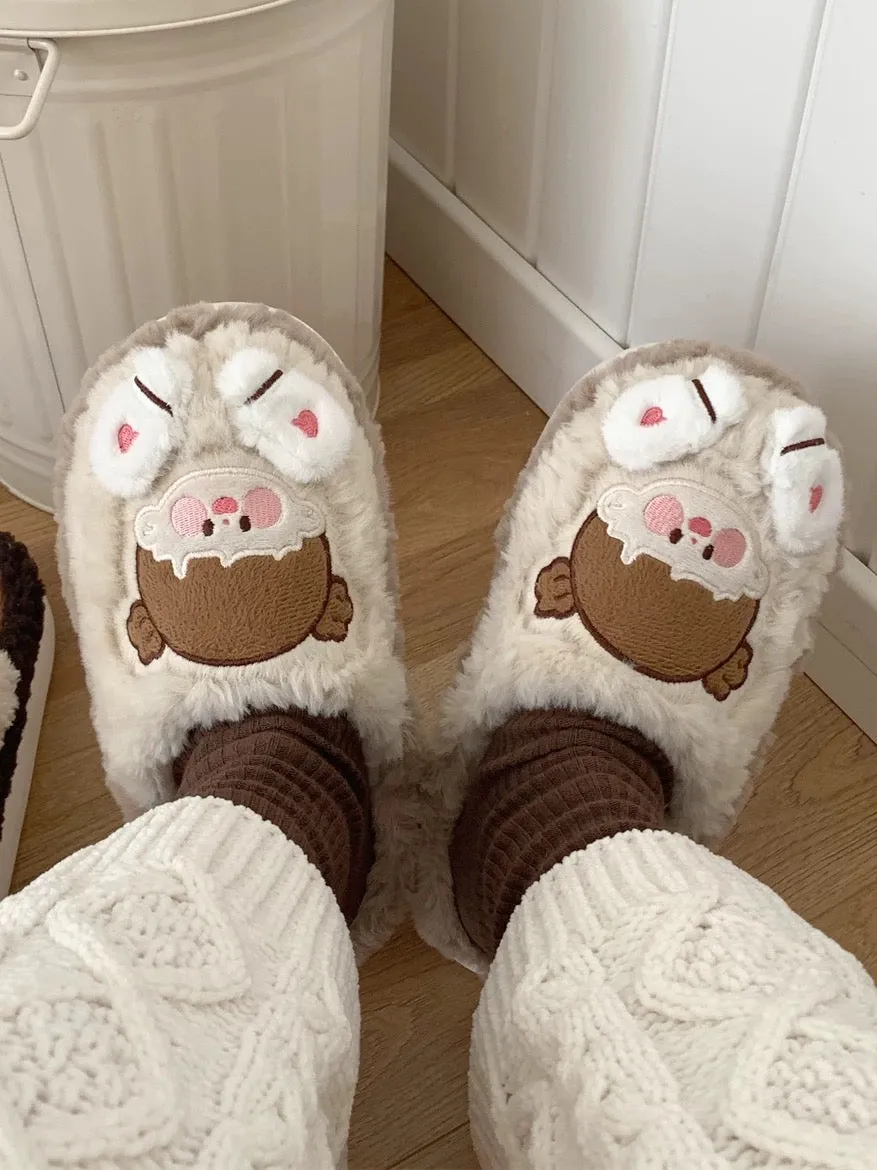 Thin strips couple cute cartoon cotton slippers men and women winter half-covered heel thick bottom warm plush confinement shoes