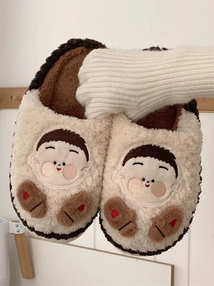 Thin strips couple cute cartoon cotton slippers men and women winter half-covered heel thick bottom warm plush confinement shoes