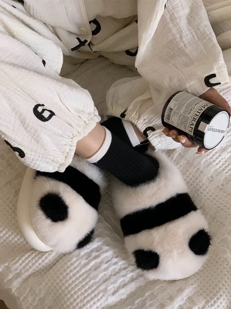 Thin strips panda cotton slippers for women winter indoor home non-slip cute plush warm confinement soft sole shoes