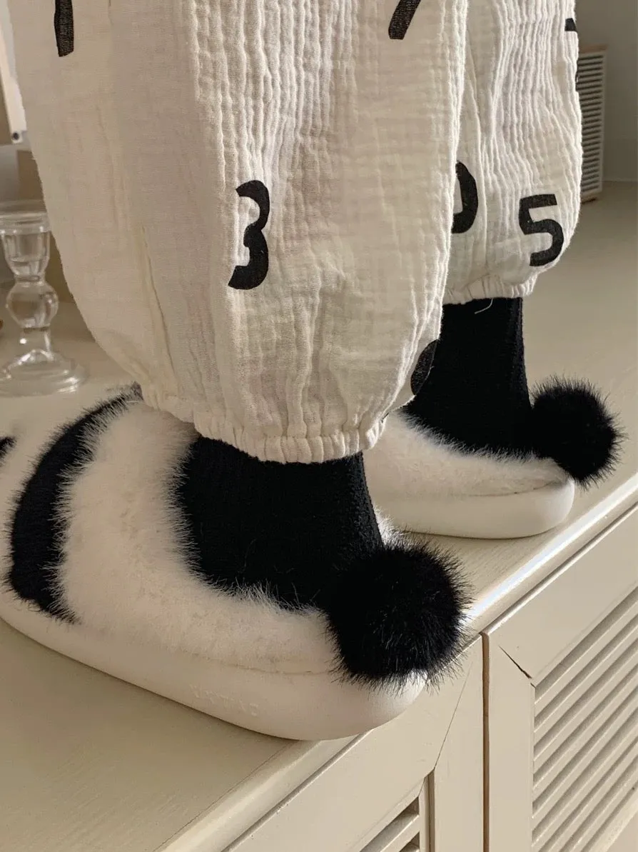 Thin strips panda cotton slippers for women winter indoor home non-slip cute plush warm confinement soft sole shoes