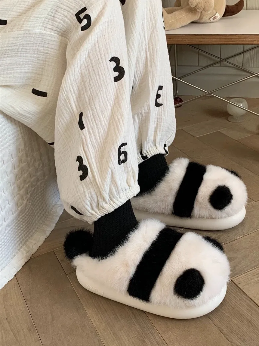 Thin strips panda cotton slippers for women winter indoor home non-slip cute plush warm confinement soft sole shoes