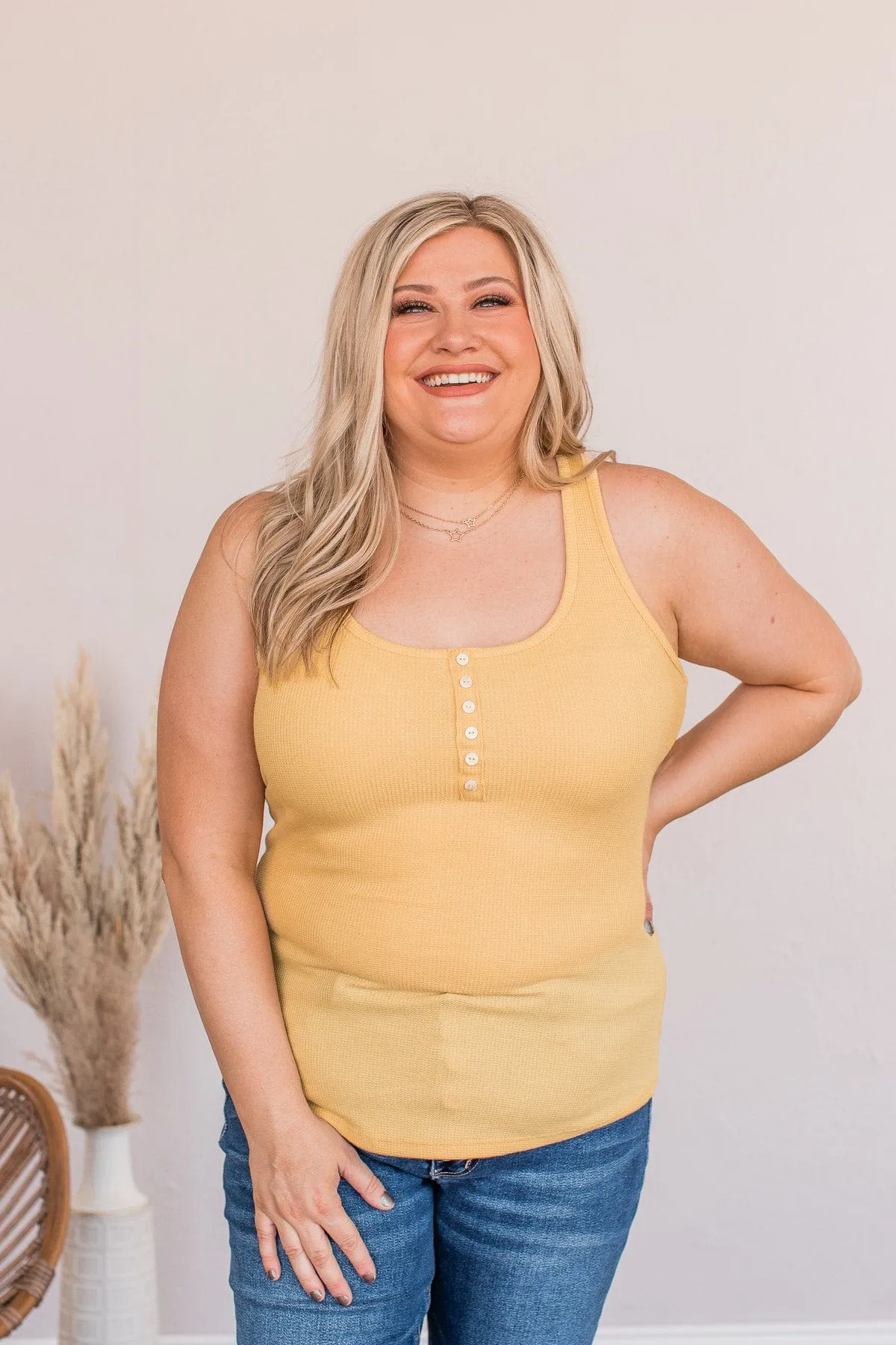 Mustard Tank Top with Love Button Detail