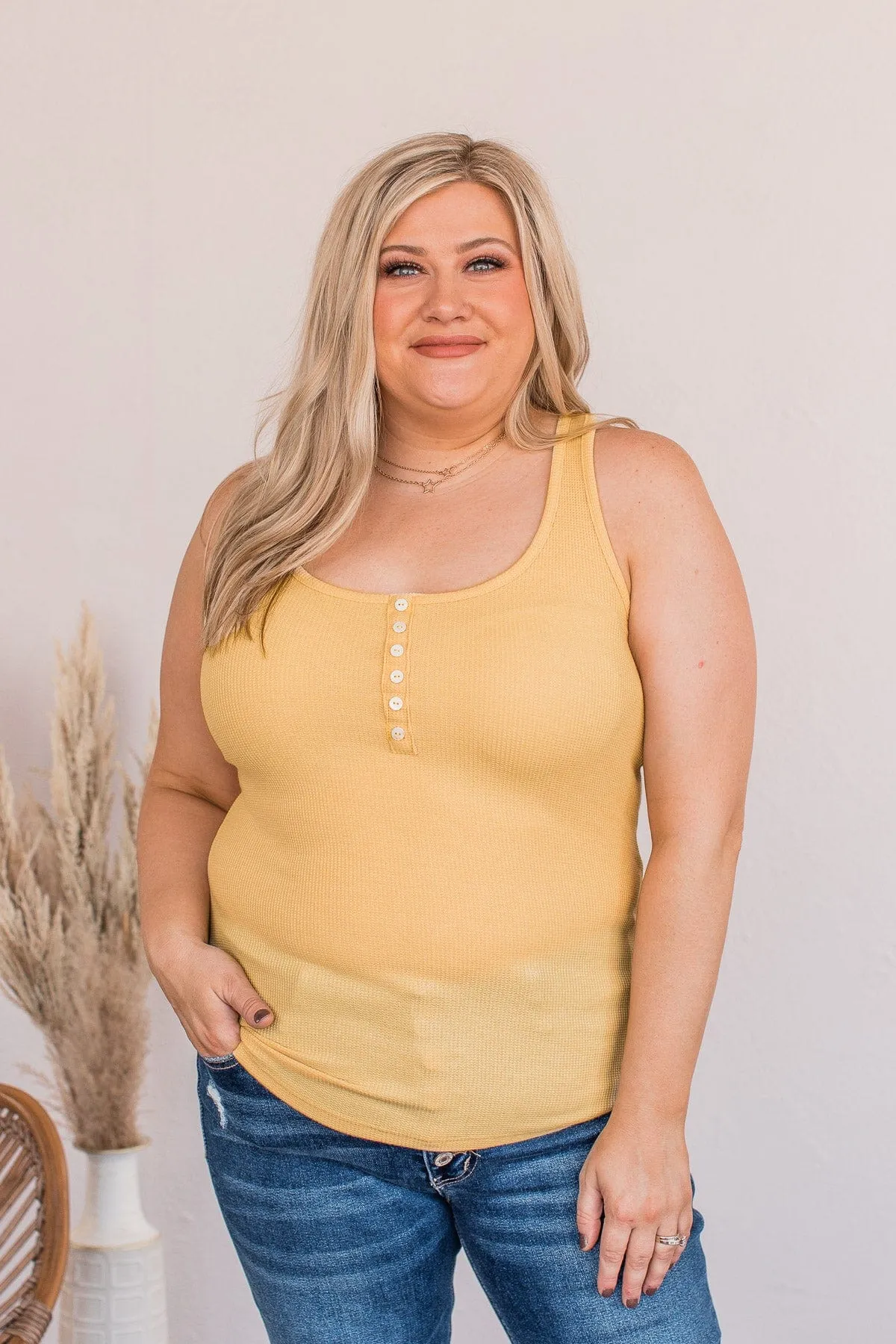 Mustard Tank Top with Love Button Detail