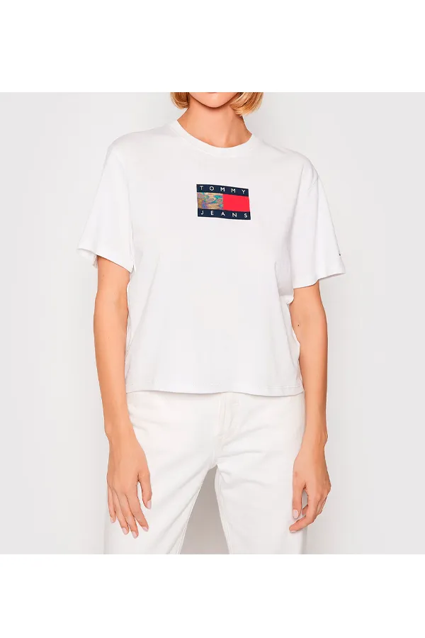 Tommy Hilfiger Women White Metallic Cropped Tee