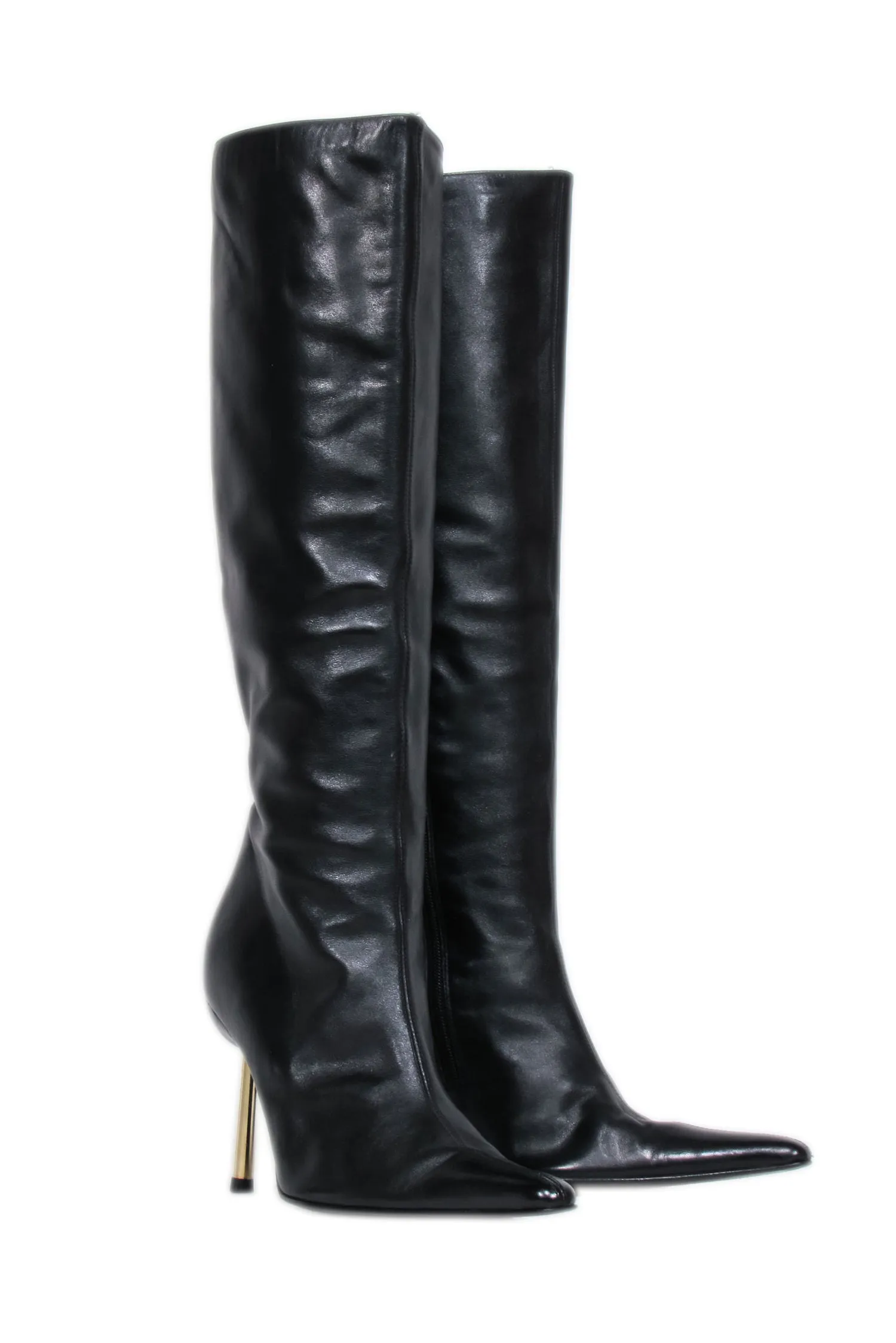 Versace – Black Leather Boots w/ Gold Stiletto Heel Sz 8