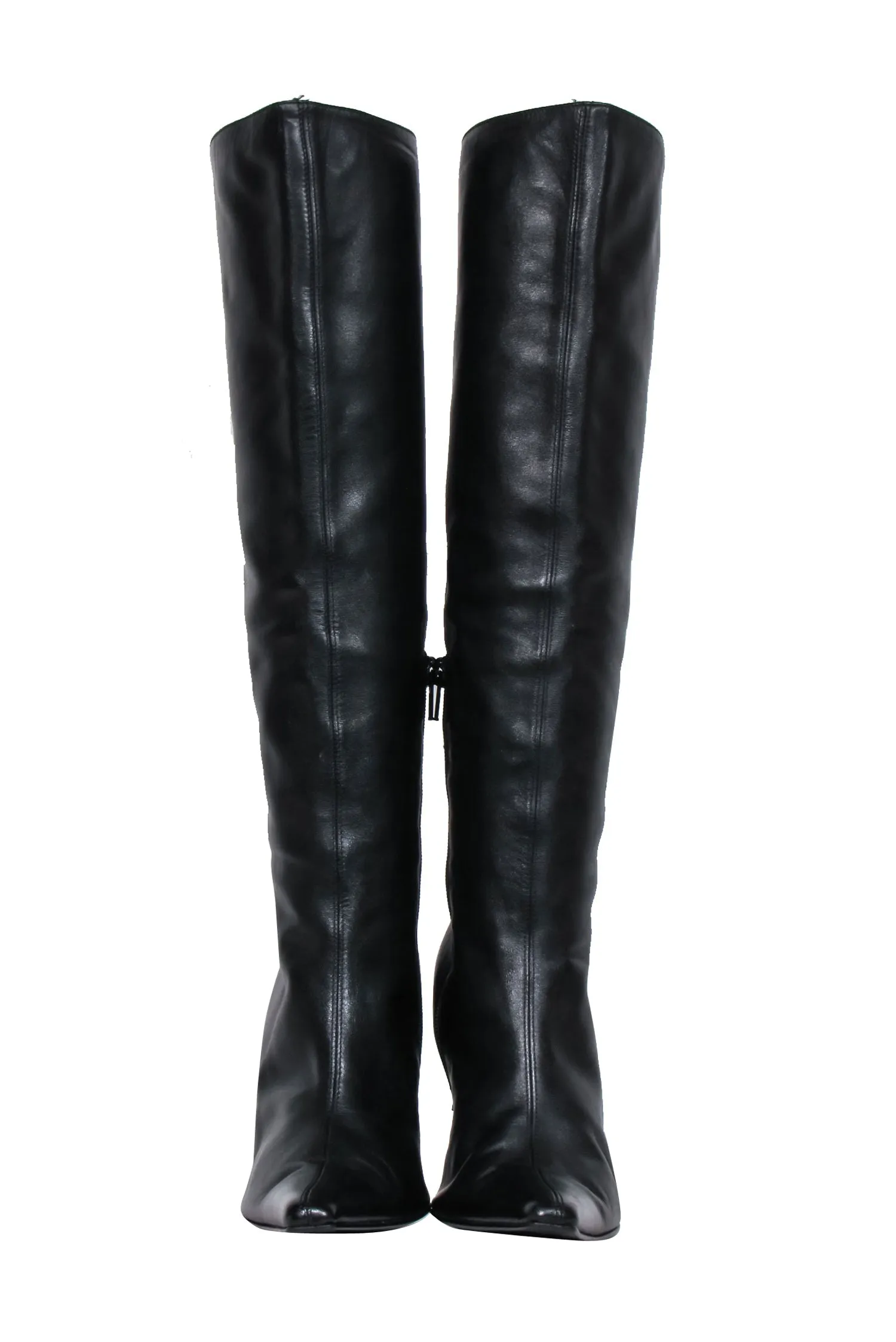 Versace – Black Leather Boots w/ Gold Stiletto Heel Sz 8