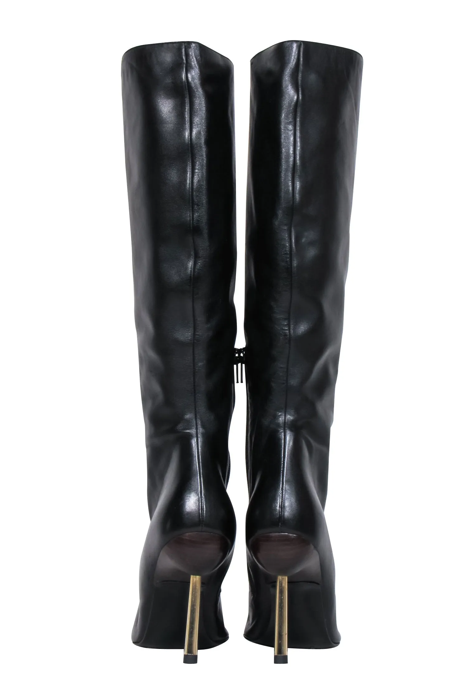 Versace – Black Leather Boots w/ Gold Stiletto Heel Sz 8