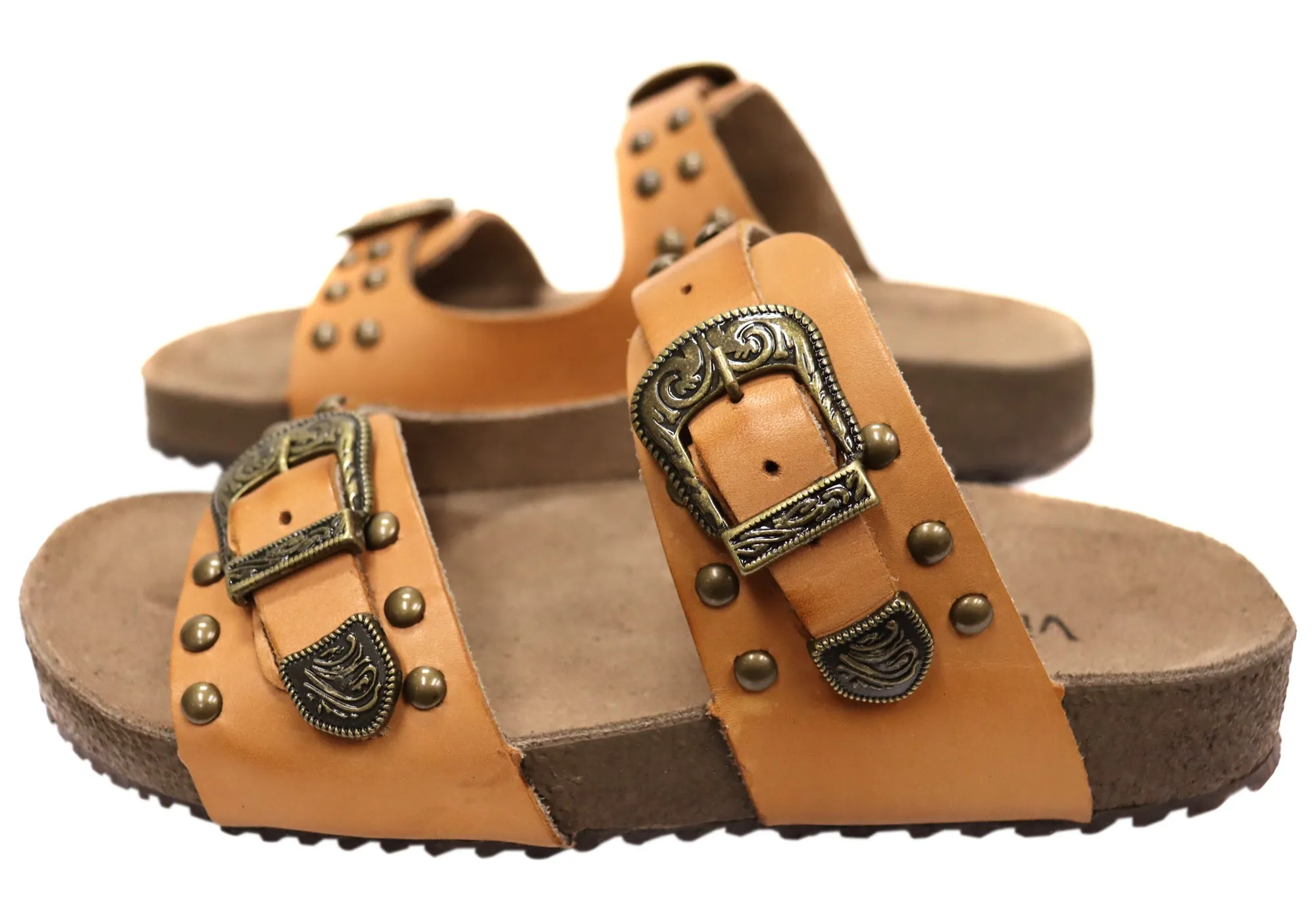 Via Paula Renee Womens Leather Comfort Slides Sandals Made in Brazil