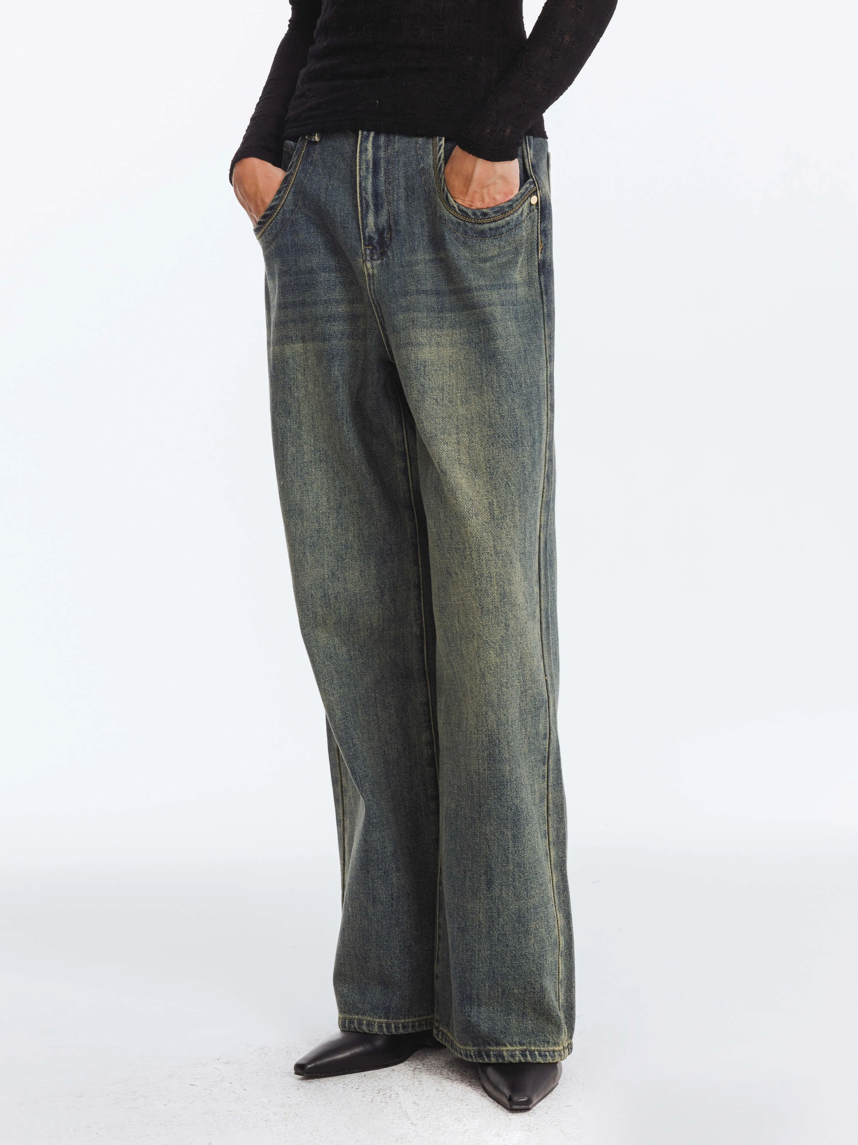 Vintage Denim Washed Straight Leg Jeans