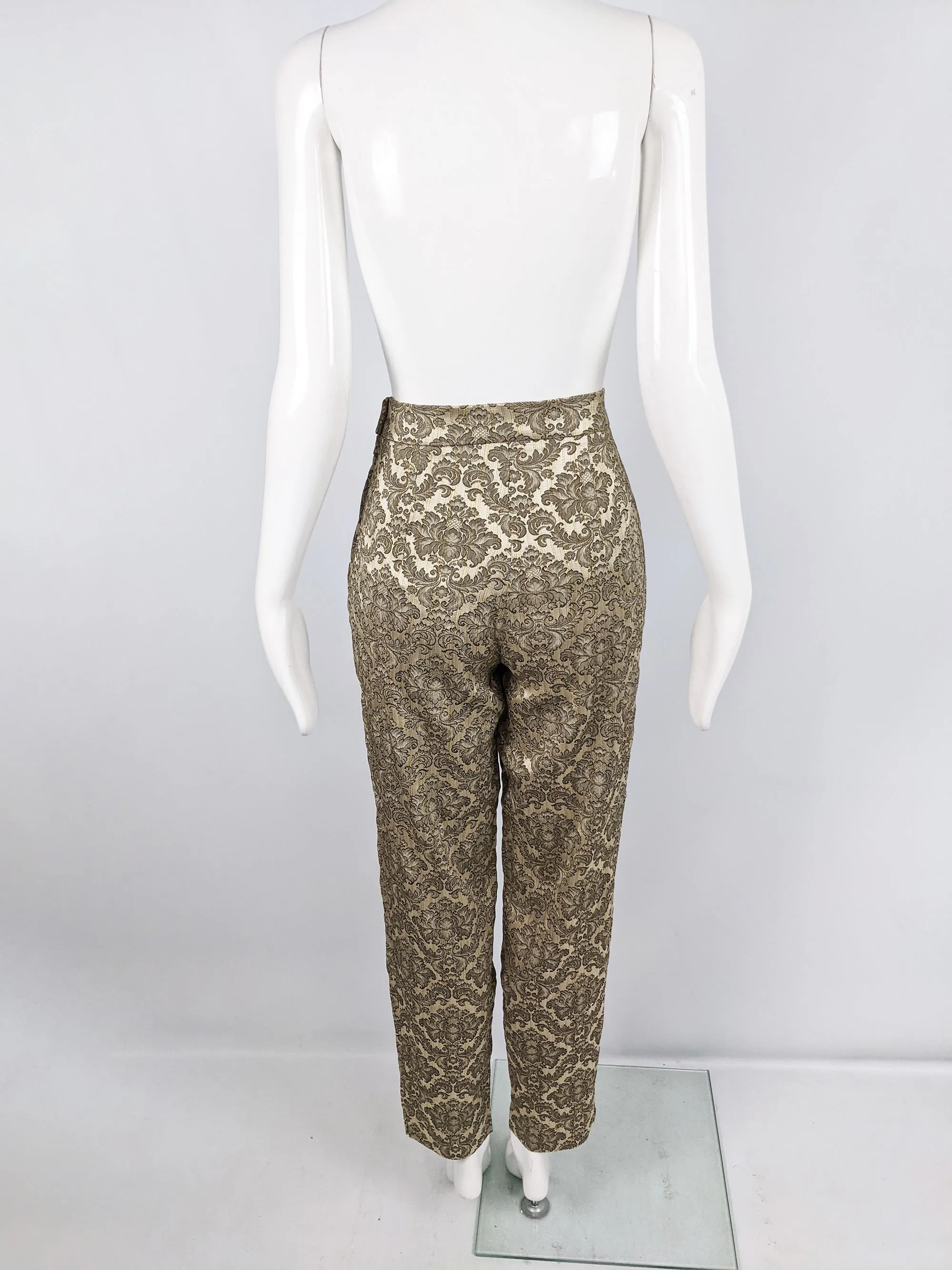 Vintage Gold Damask Satin Jacquard Cigarette Trousers, 1980s