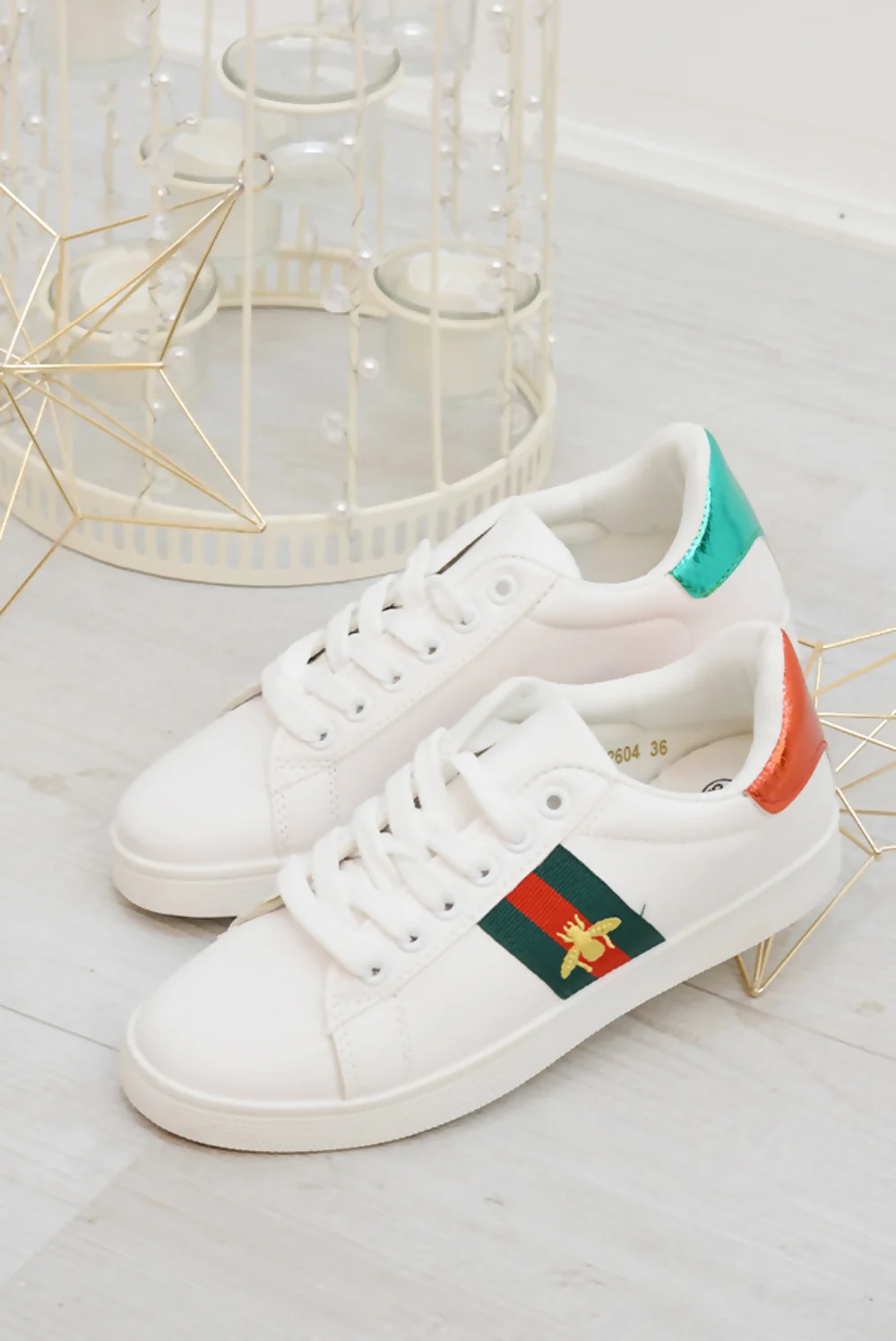 White Striped Bee Embellished Trainers