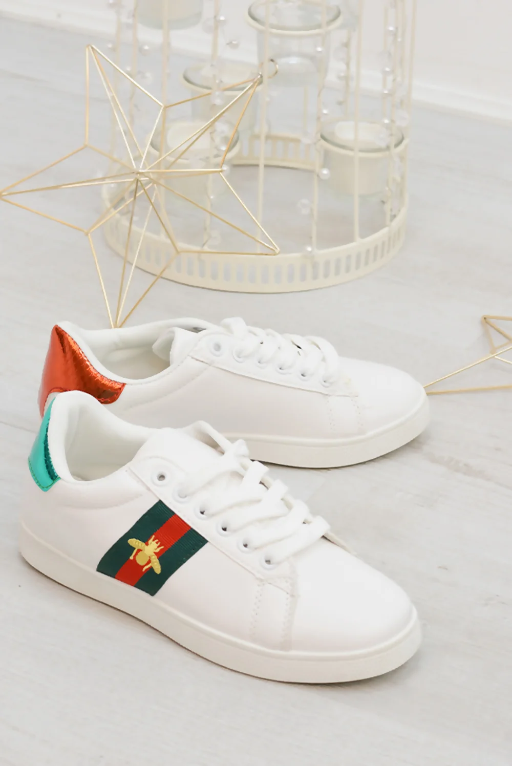 White Striped Bee Embellished Trainers