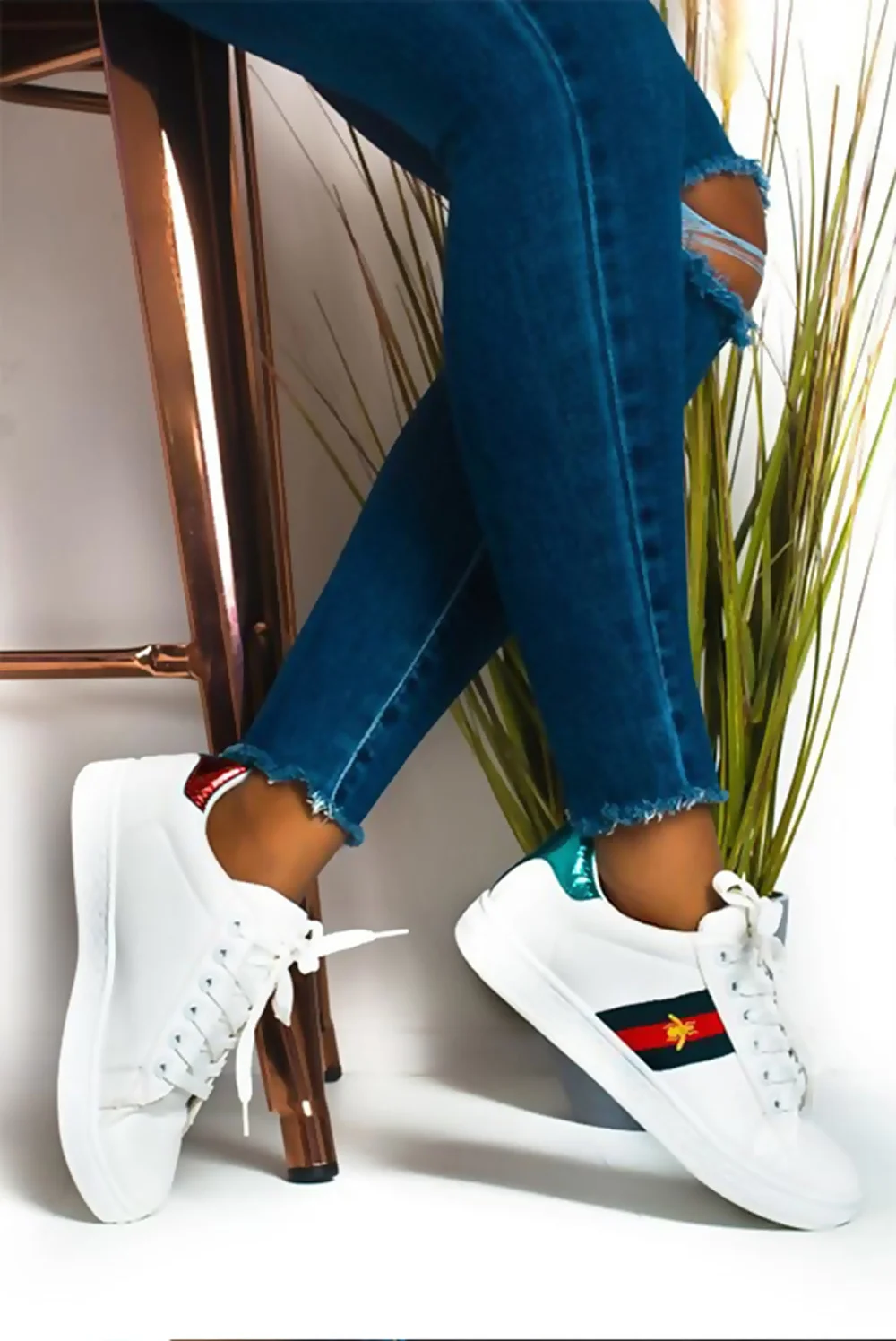 White Striped Bee Embellished Trainers