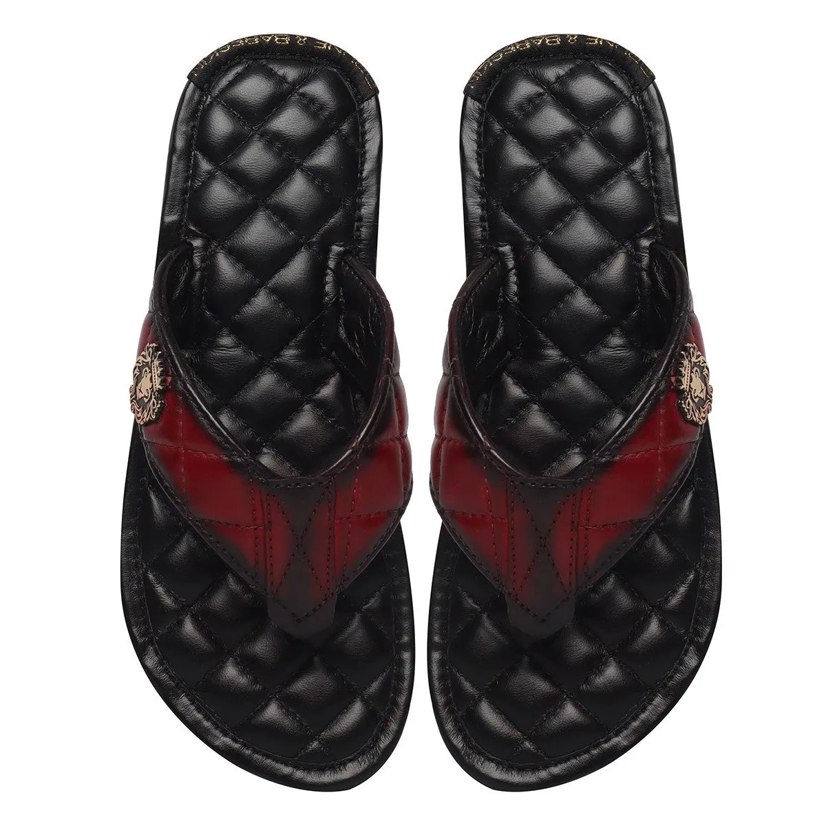 WINE CONTRASTING LEATHER FULL QUILTED V-STRAP WOMEN'S SLIPPERS BY BRUNE & BARESKIN