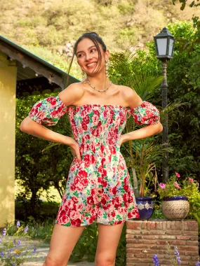 Women Red Floral Smoked Off Shoulder Playsuit