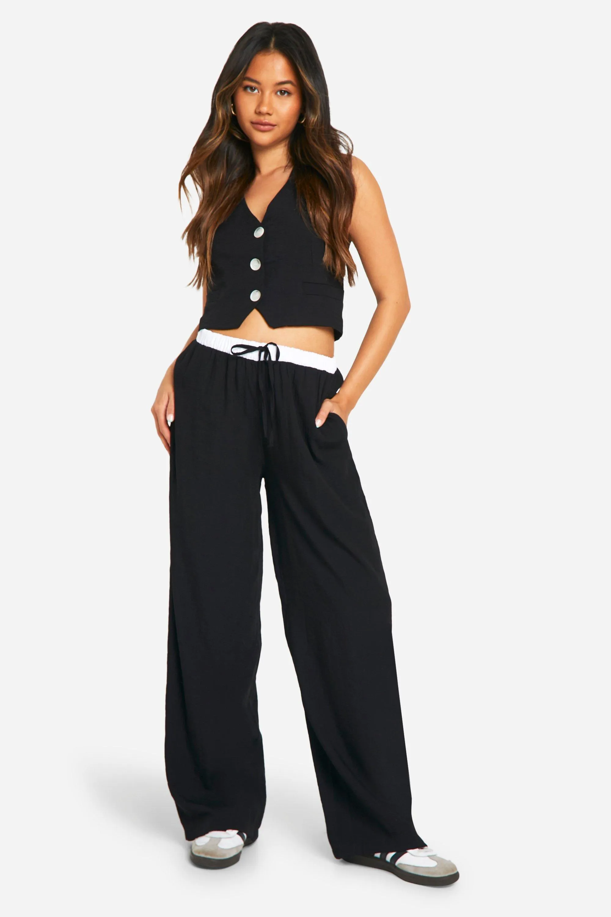 Woven Textured Contrast Waistband Wide Leg Trousers