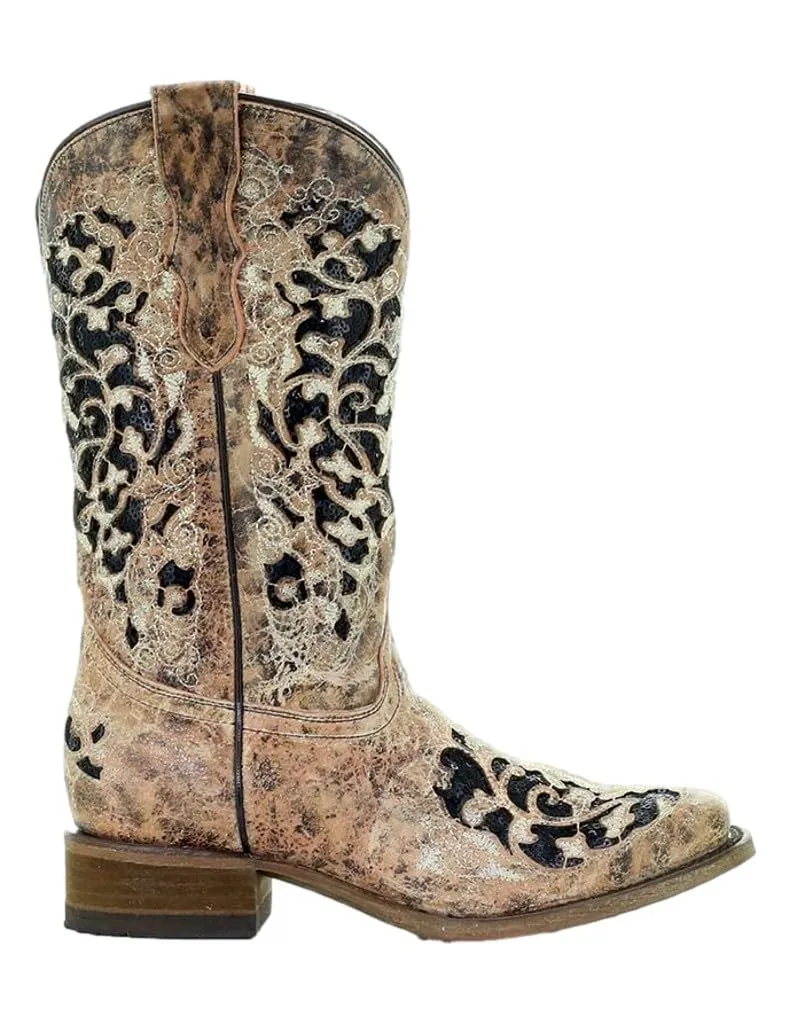 Youth Square Toe Western Boot with Tan and Black Glitter Inlay Embroidery