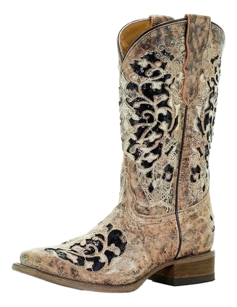 Youth Square Toe Western Boot with Tan and Black Glitter Inlay Embroidery