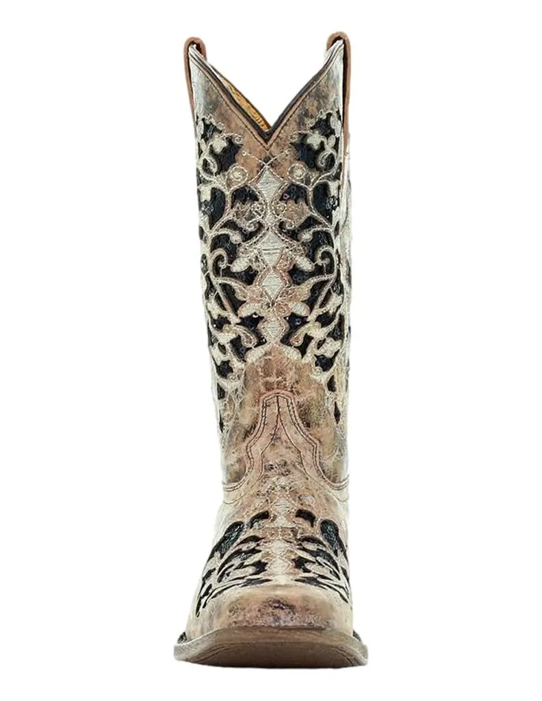 Youth Square Toe Western Boot with Tan and Black Glitter Inlay Embroidery