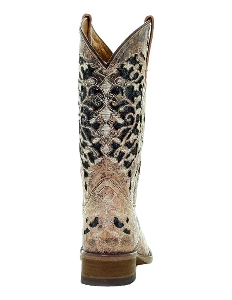 Youth Square Toe Western Boot with Tan and Black Glitter Inlay Embroidery