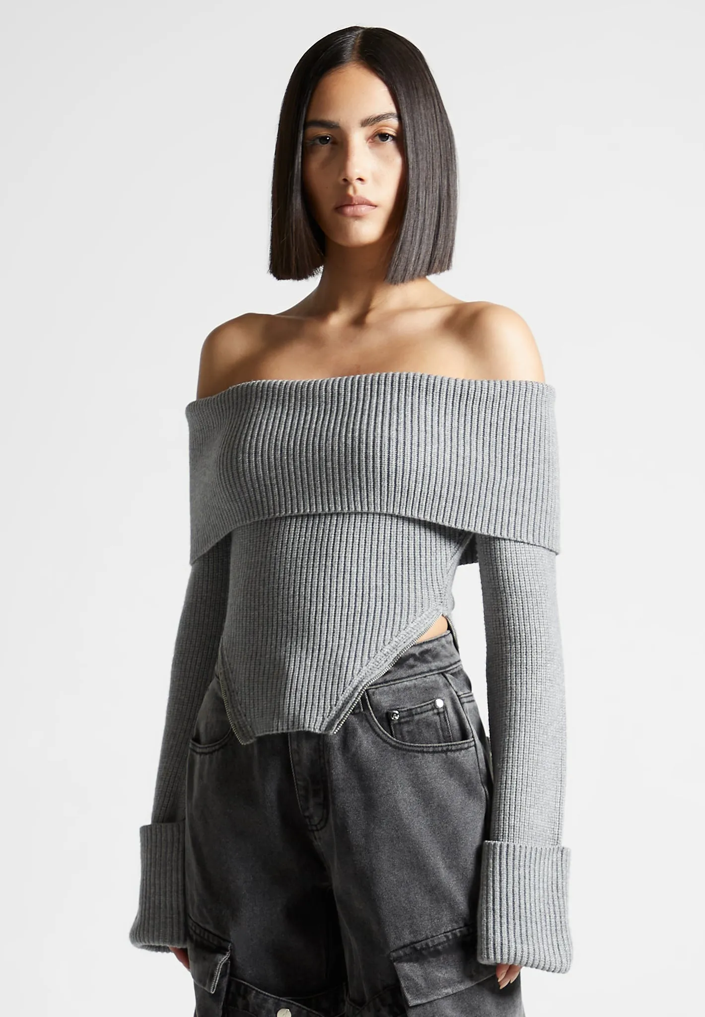 Zip Detail Knit Bandeau Top - Grey